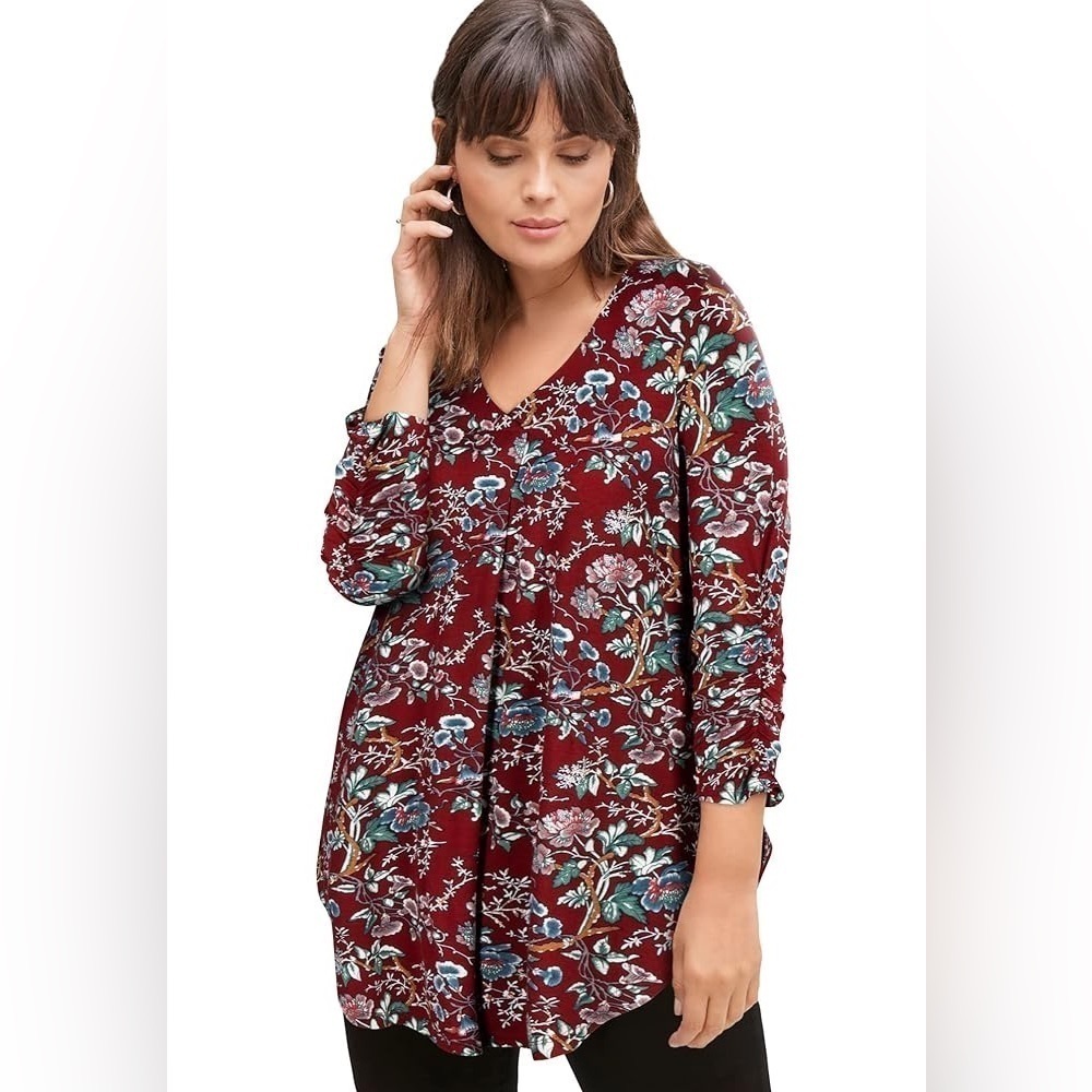 Ellos Plus Size Women's Inverted Front Pleat Maroon Red Floral Tunic Sz 3X 30-32